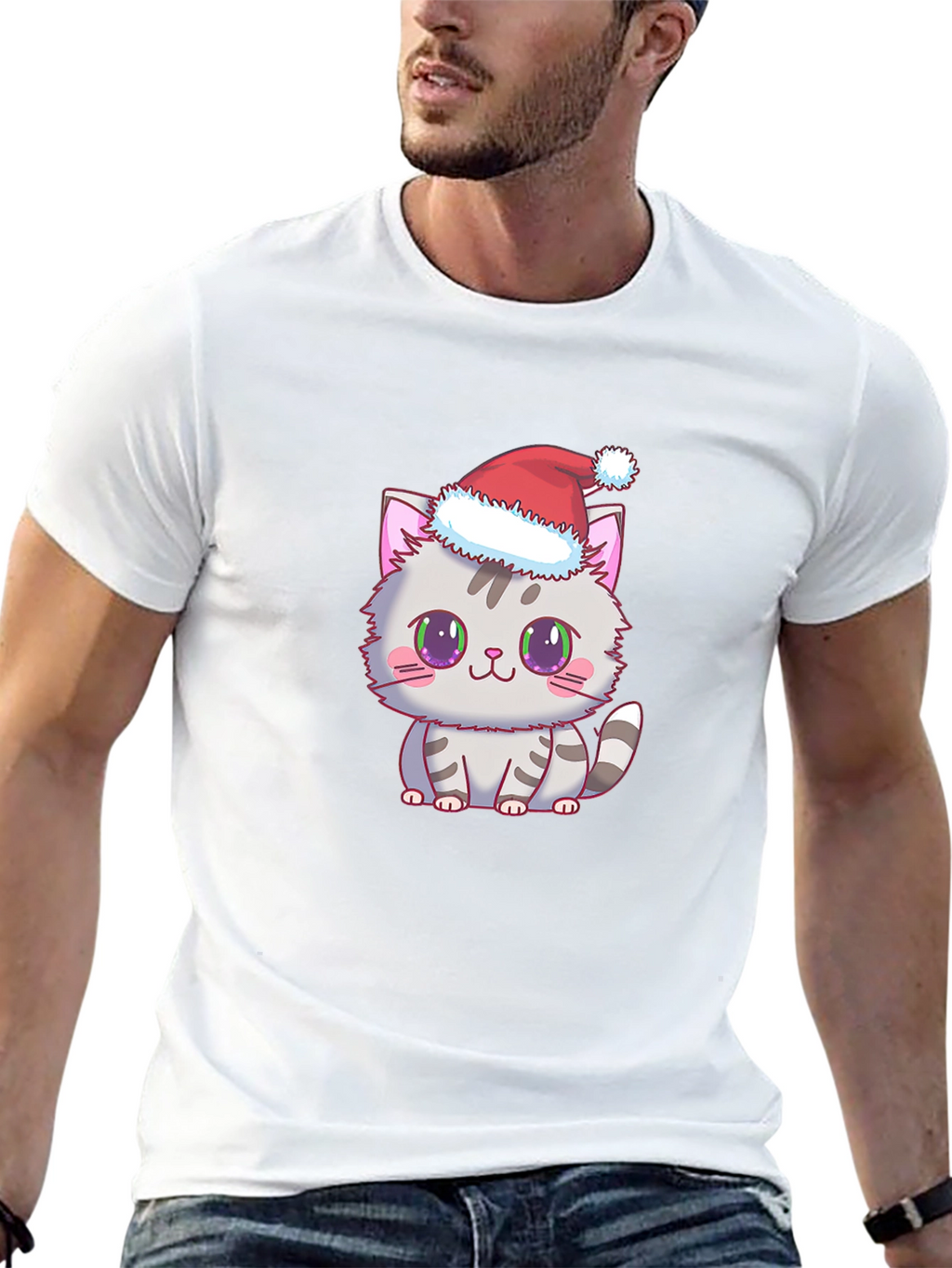 Cute Kitten Santa Hat Graphic Tee - Black