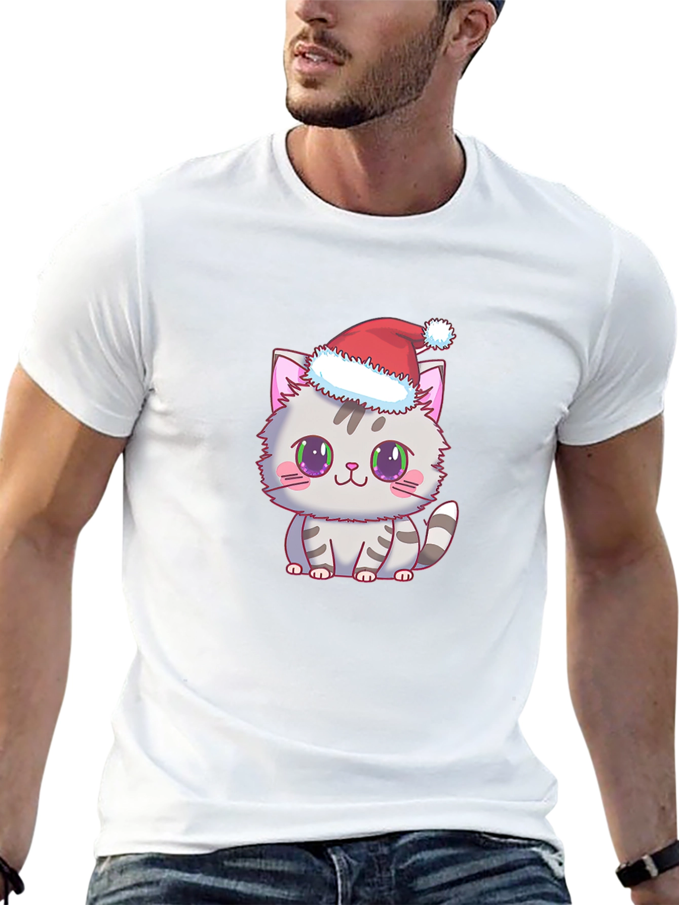 Cute Kitten Santa Hat Graphic Tee - Black
