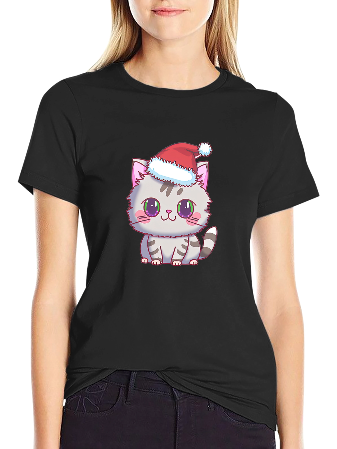 Cute Kitten Santa Hat Graphic Tee - Black