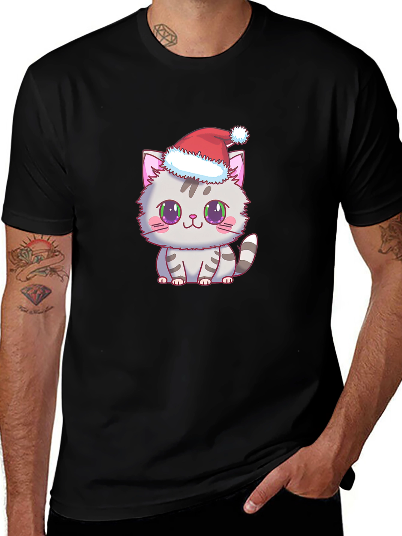 Cute Kitten Santa Hat Graphic Tee - Black