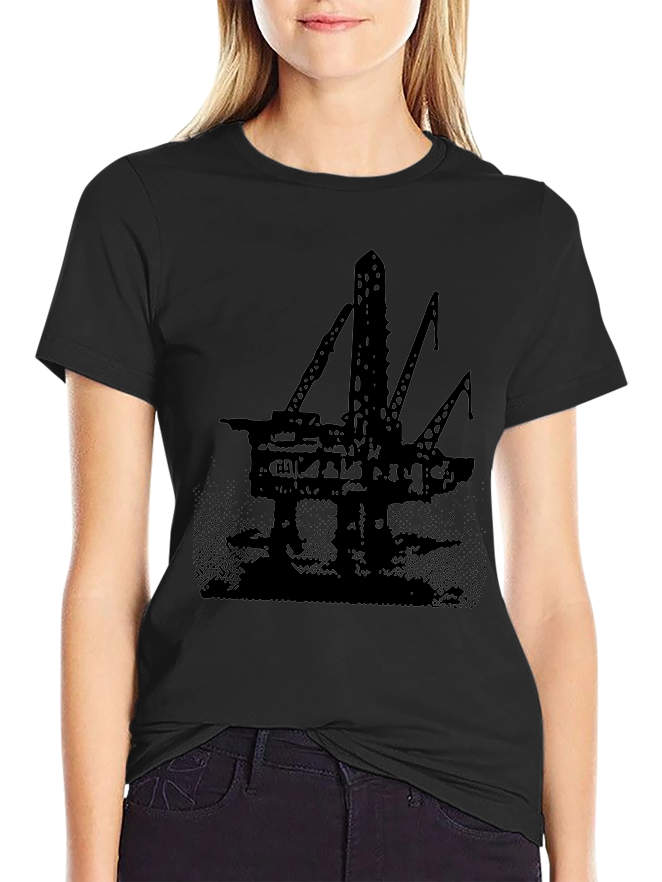 Oil Rig Graphic Tee - Black Cotton T-Shirt