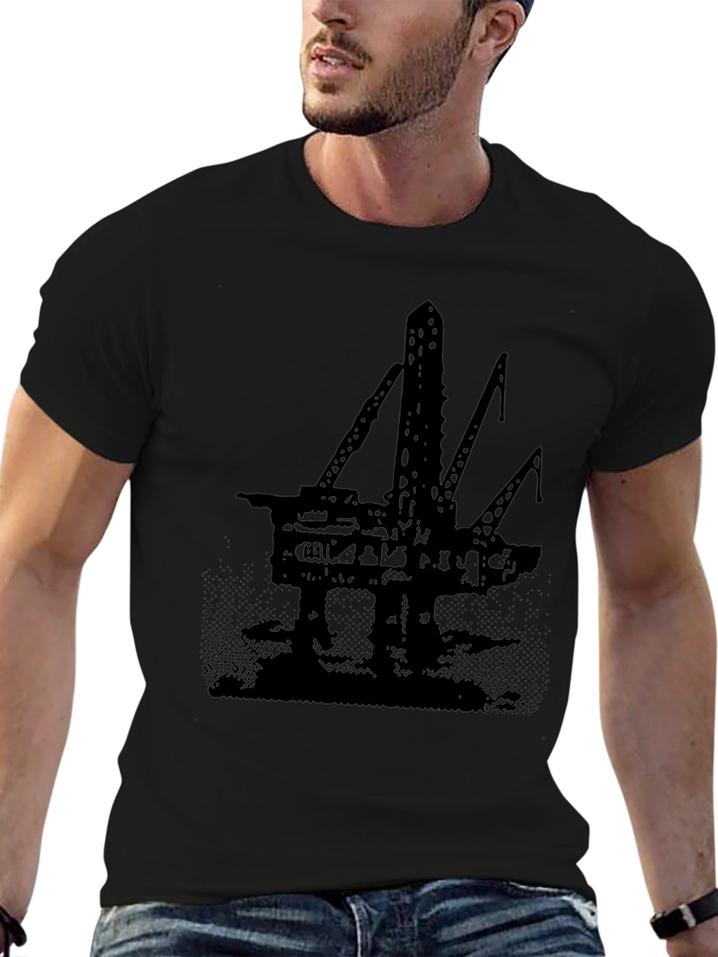 Oil Rig Graphic Tee - Black Cotton T-Shirt