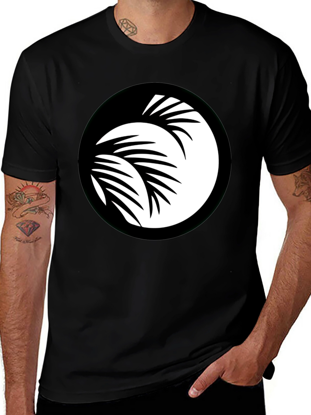 Black T-Shirt with Palm Leaf Circle Graphic