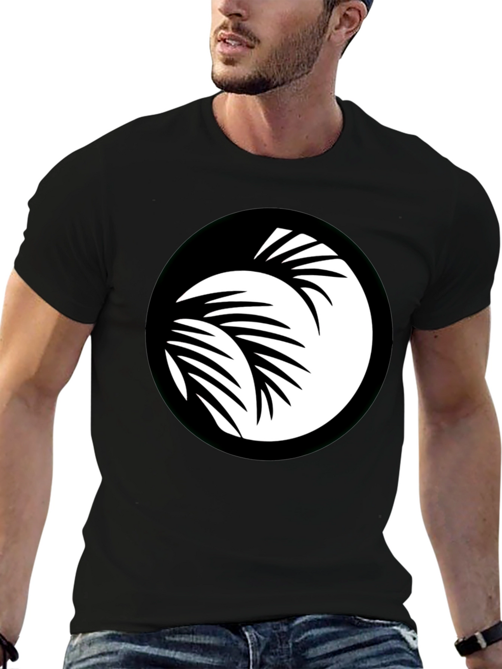 Black T-Shirt with Palm Leaf Circle Graphic