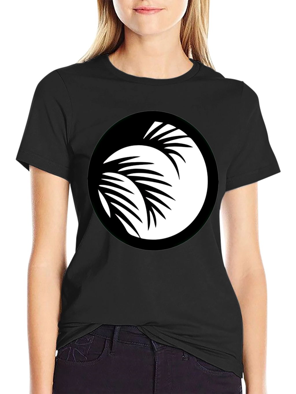 Black T-Shirt with Palm Leaf Circle Graphic