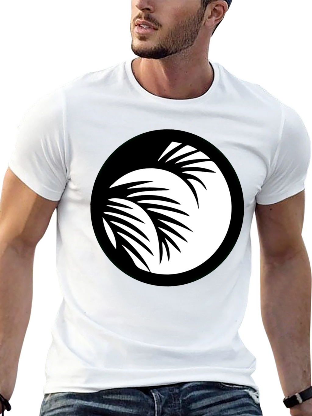 Black T-Shirt with Palm Leaf Circle Graphic