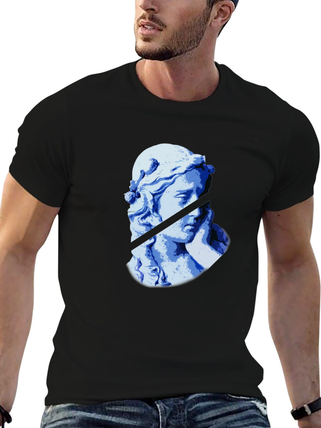 Blue Statue Graphic Black T-Shirt