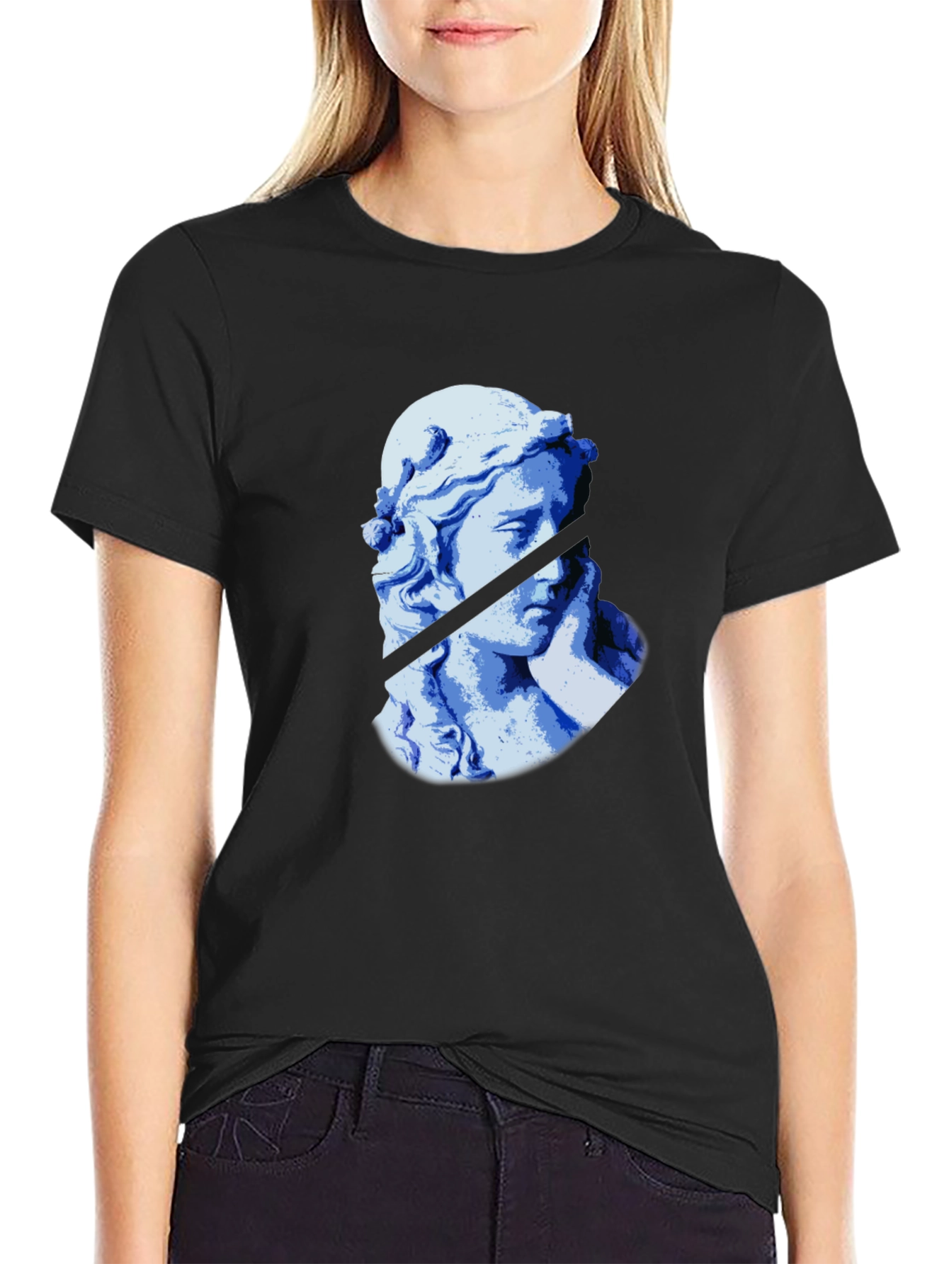 Blue Statue Graphic Black T-Shirt