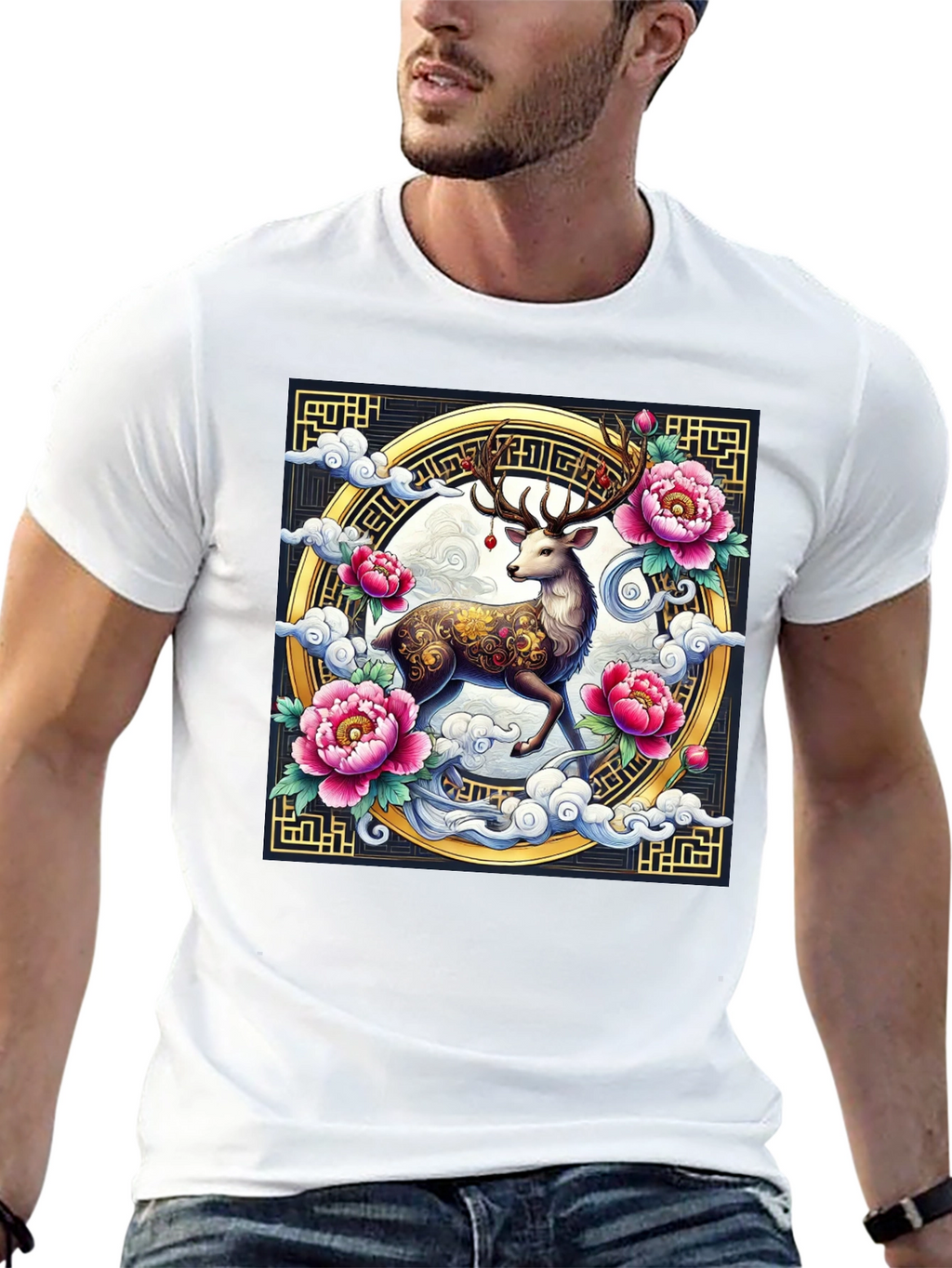 Deer and Peony Graphic Print Tee