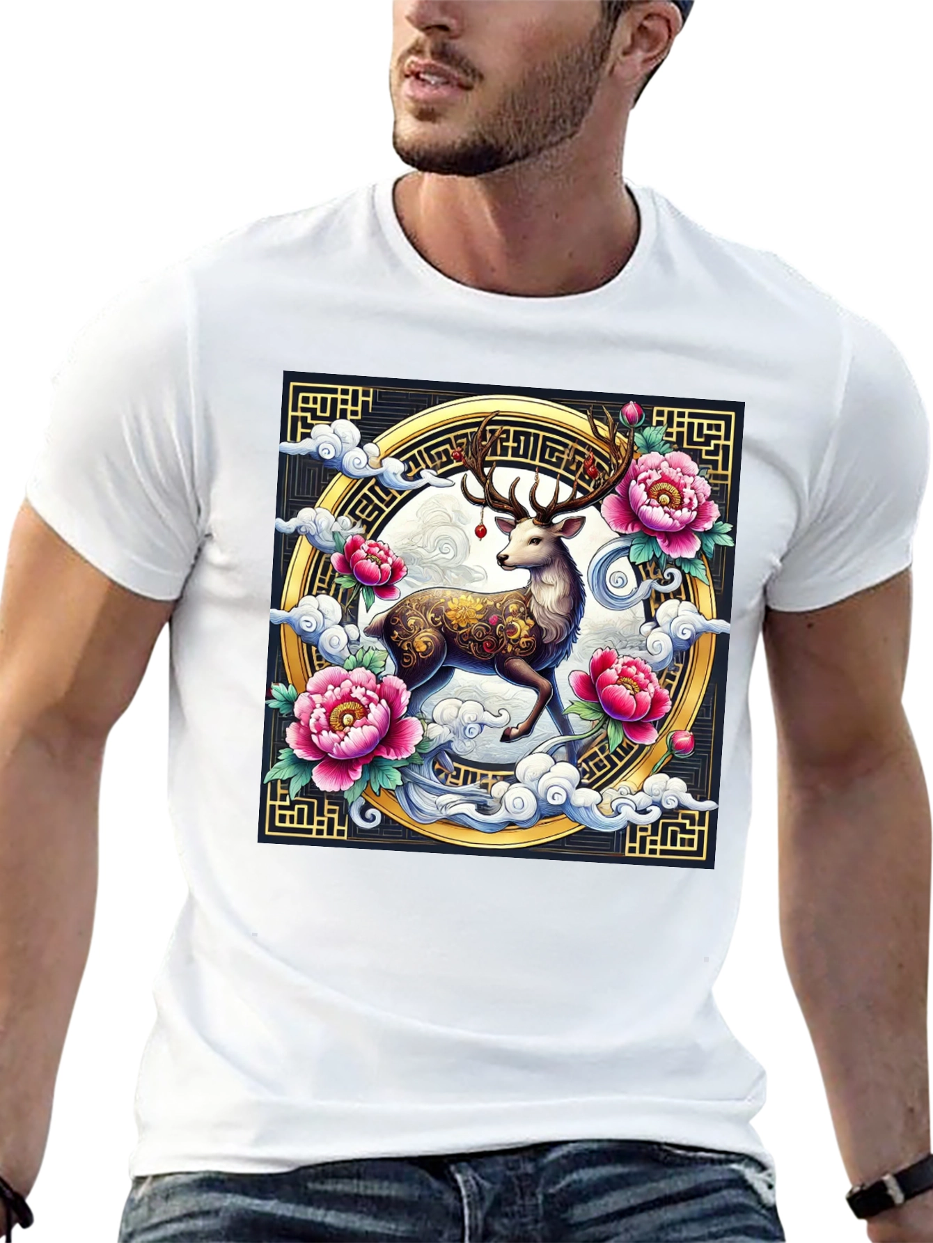 Deer and Peony Graphic Print Tee