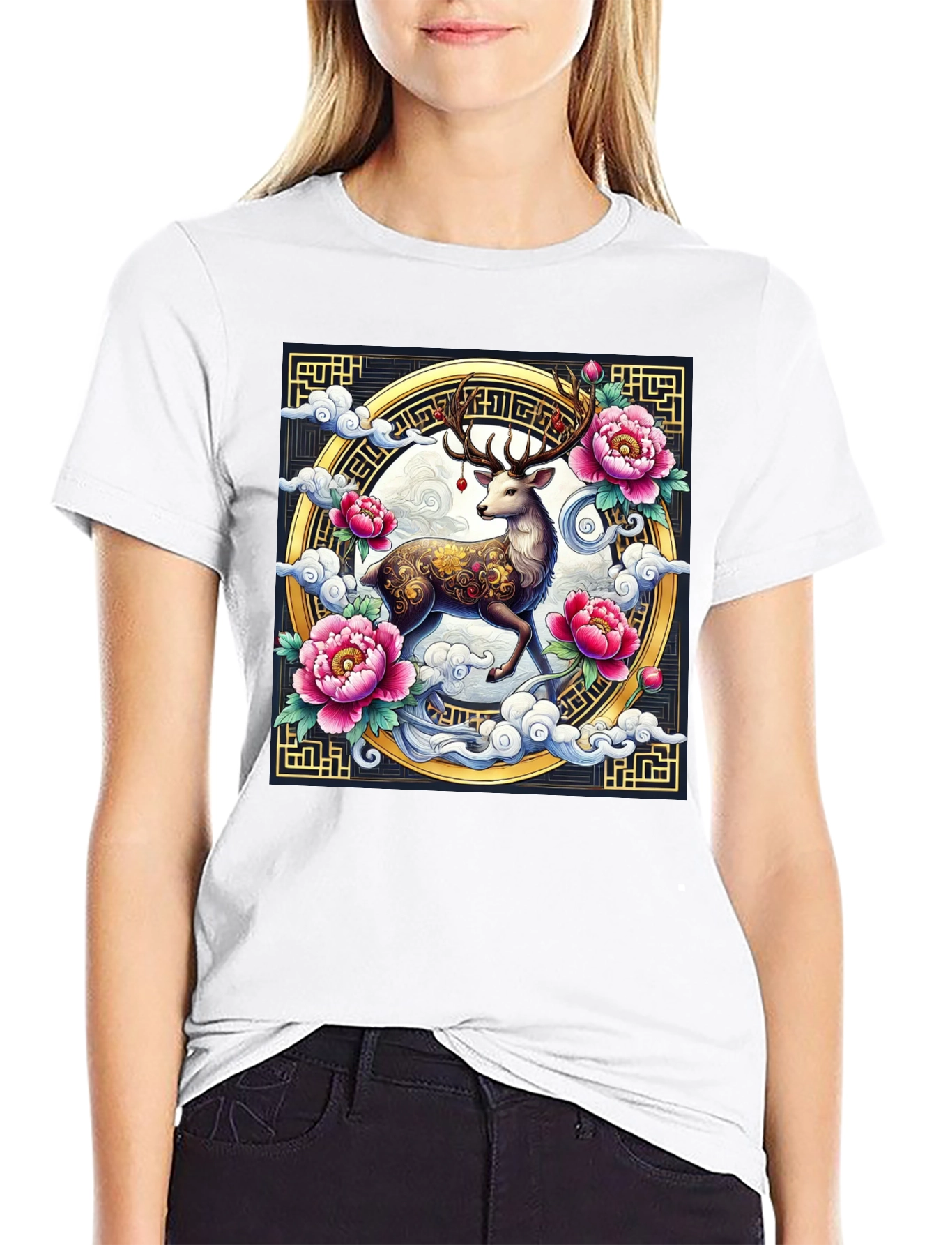 Deer and Peony Graphic Print Tee