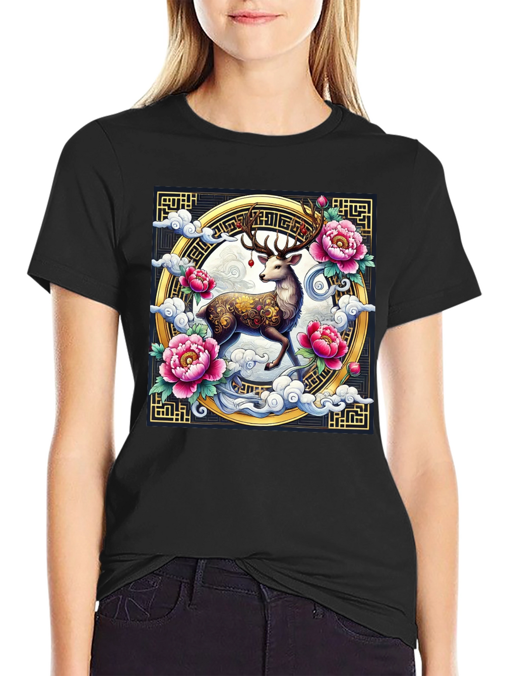 Deer and Peony Graphic Print Tee