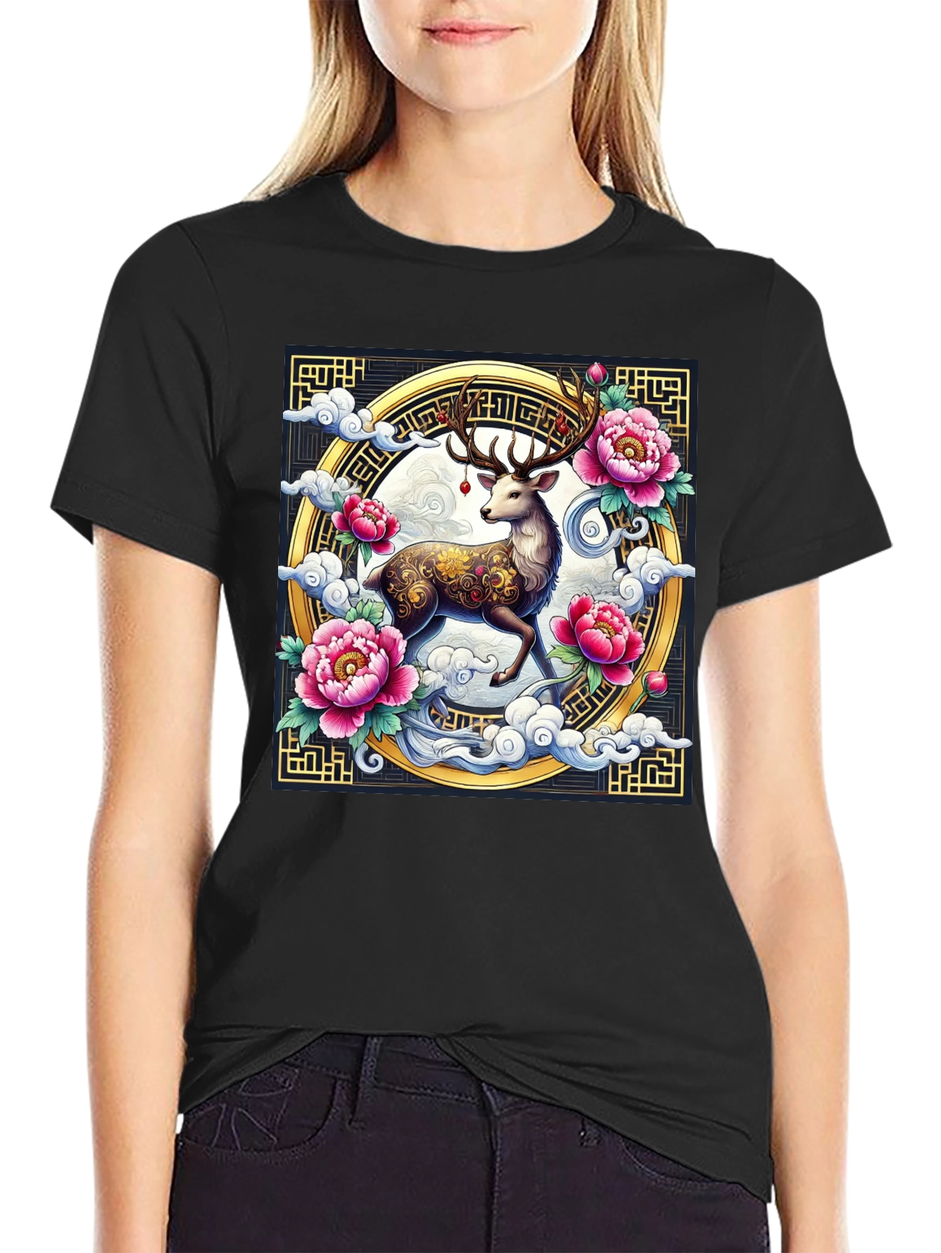 Deer and Peony Graphic Print Tee