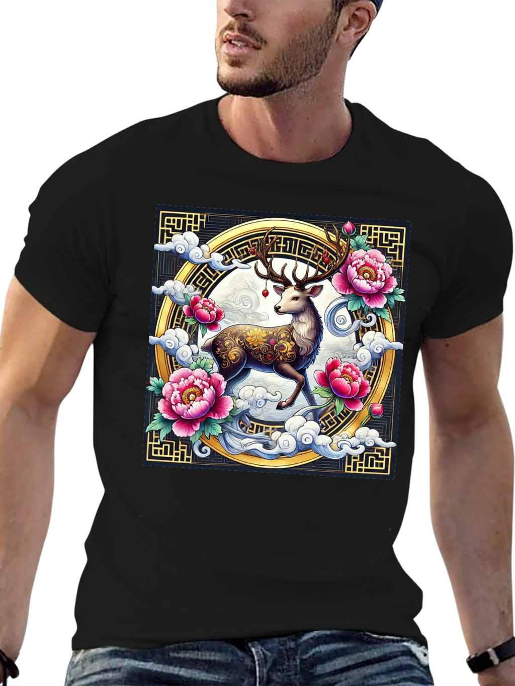Deer and Peony Graphic Print Tee