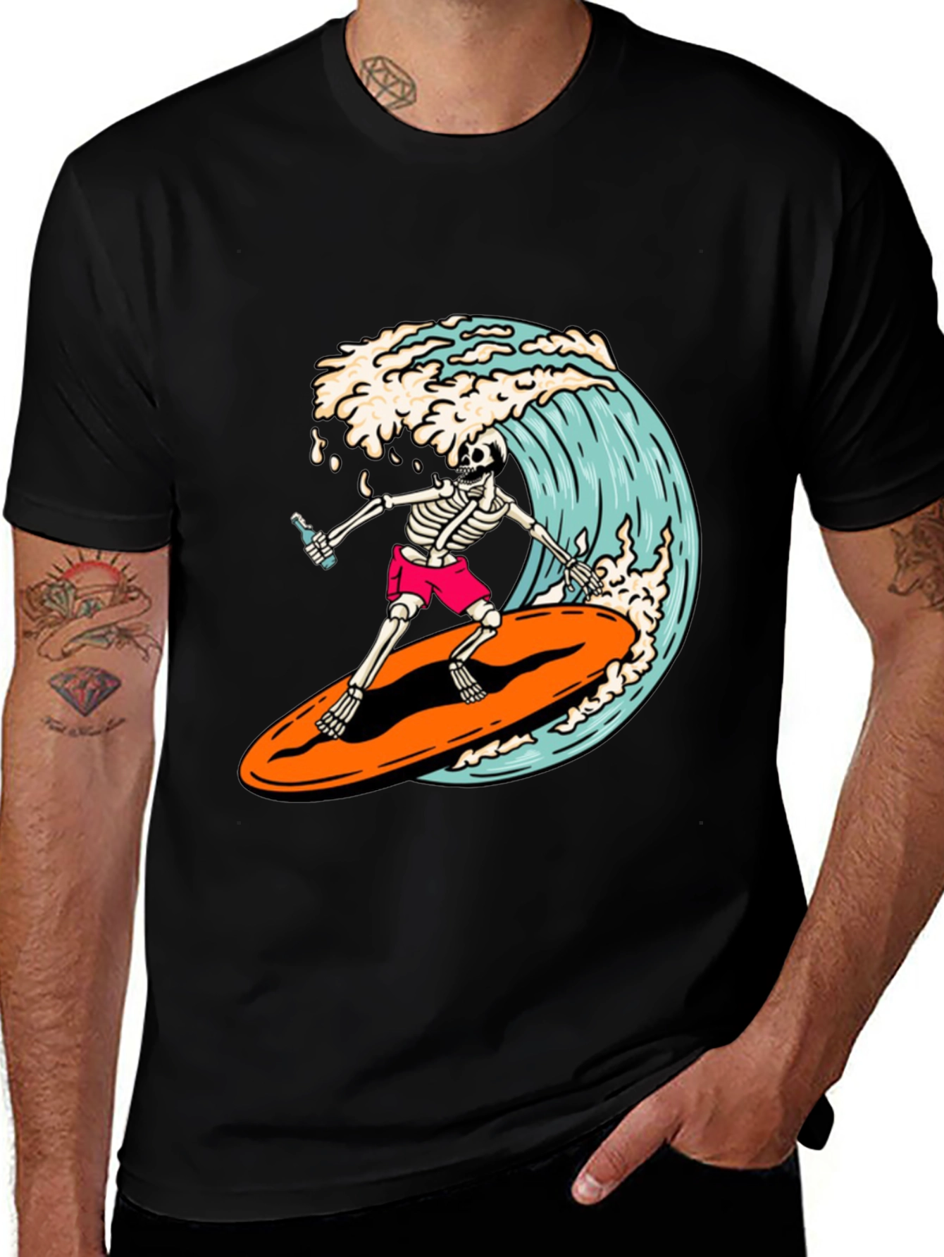 Skeleton Surfer Graphic Tee - Ride the Wave!