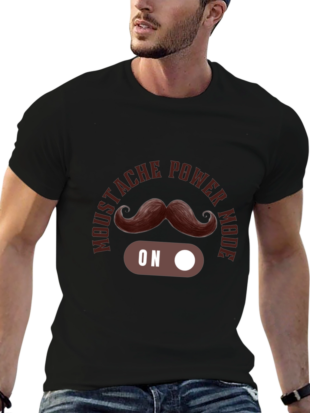 Mustache Power Mode On Black T-Shirt