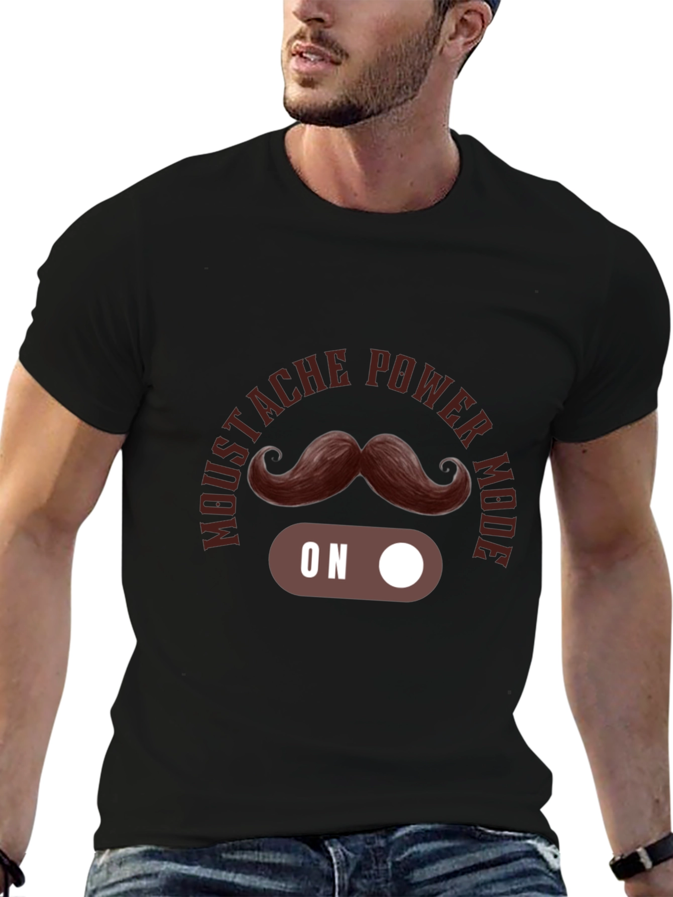 Mustache Power Mode On Black T-Shirt