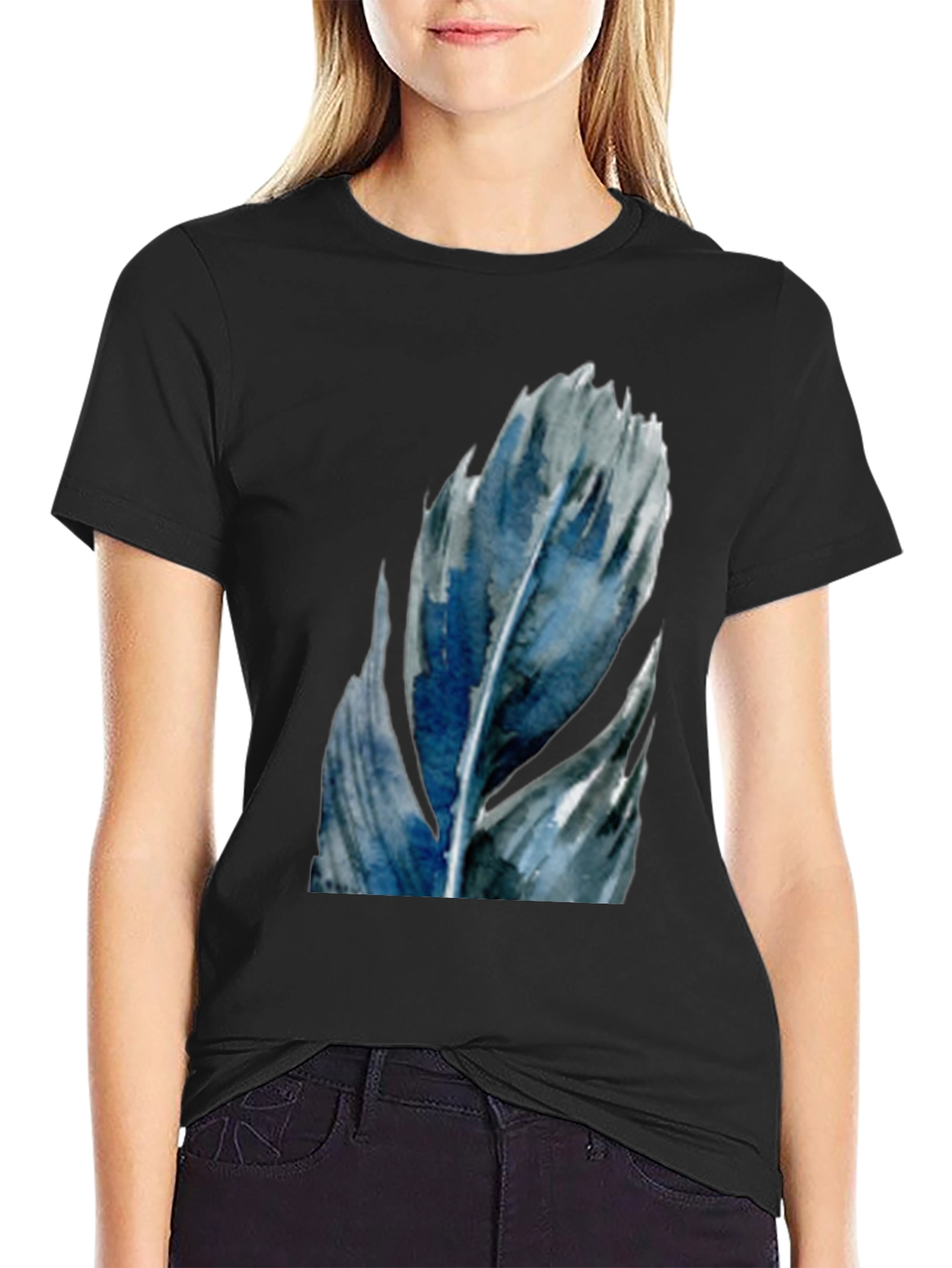 Watercolor Feather Graphic Tee - Black Cotton Casual Shirt