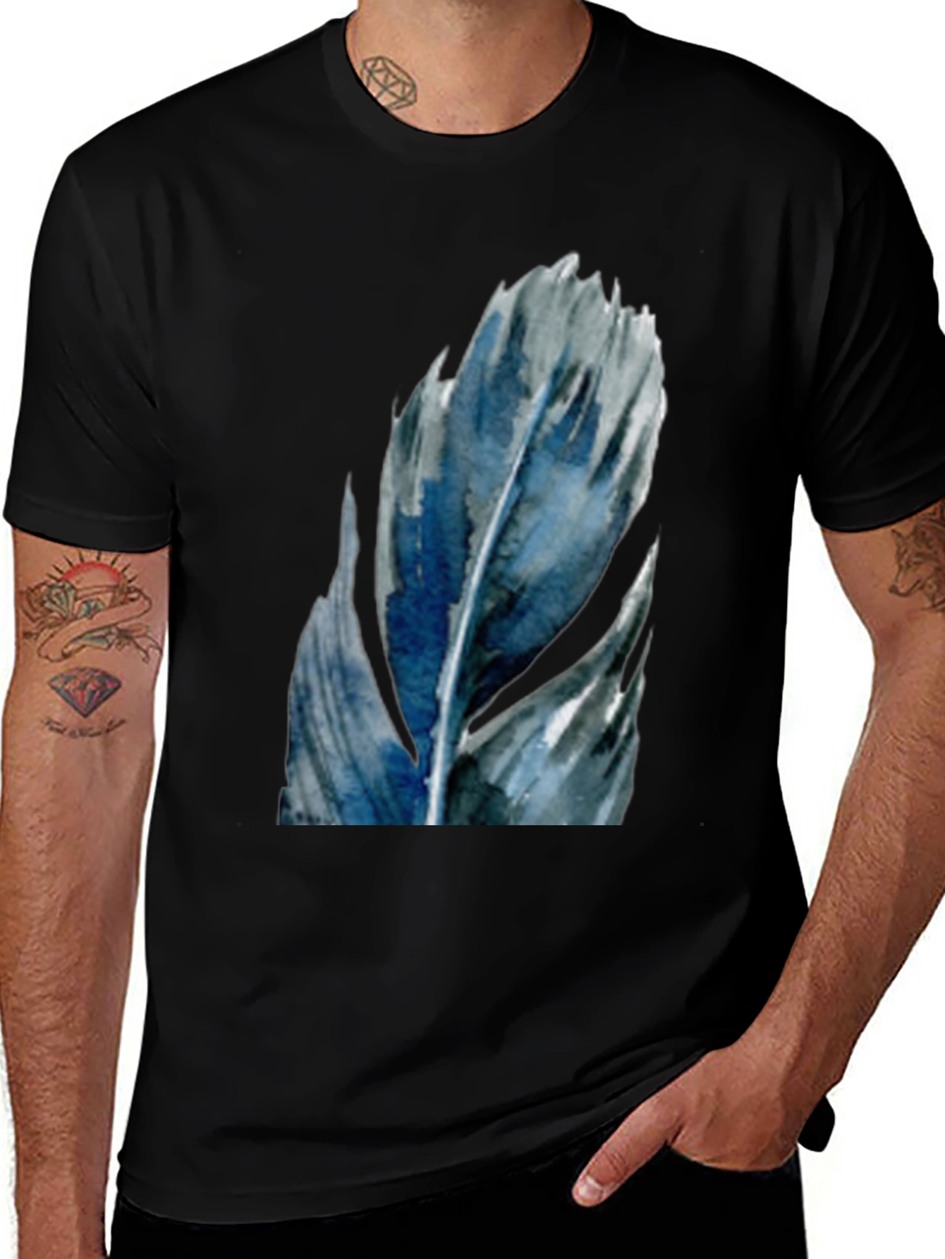 Watercolor Feather Graphic Tee - Black Cotton Casual Shirt