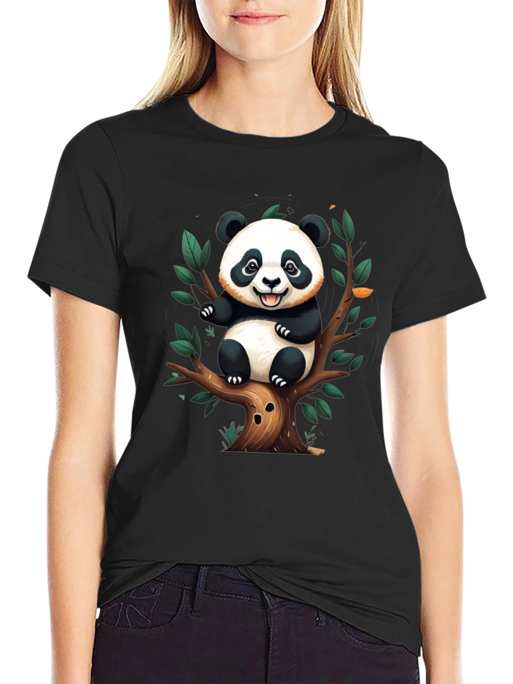 Cute Panda Tree Black T-Shirt
