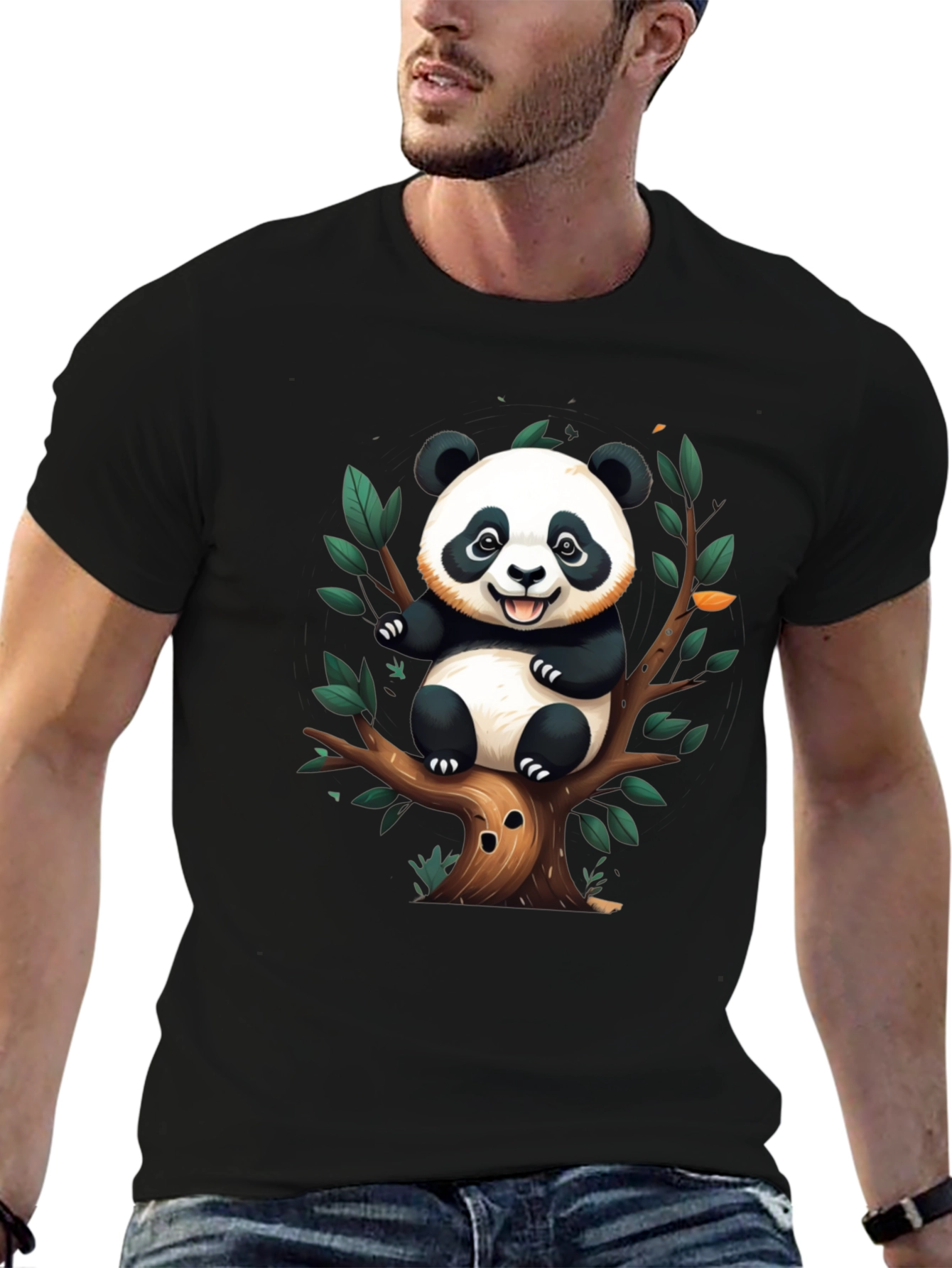 Cute Panda Tree Black T-Shirt