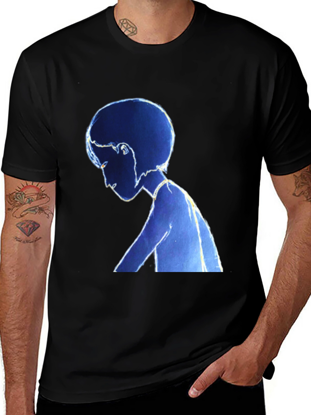 Stylized Blue Figure Black T-Shirt