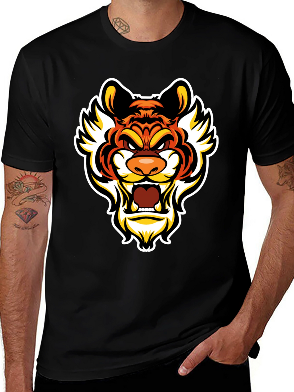 Bold Tiger Graphic Tee - Mens Black Cotton T-Shirt