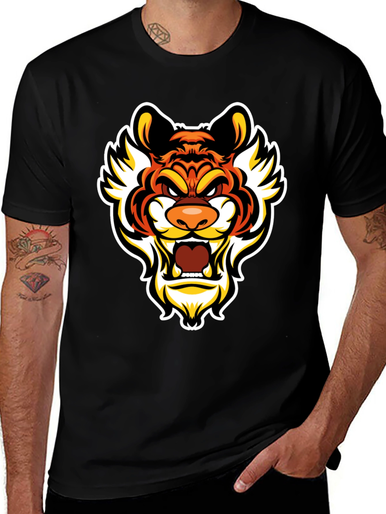 Bold Tiger Graphic Tee - Mens Black Cotton T-Shirt