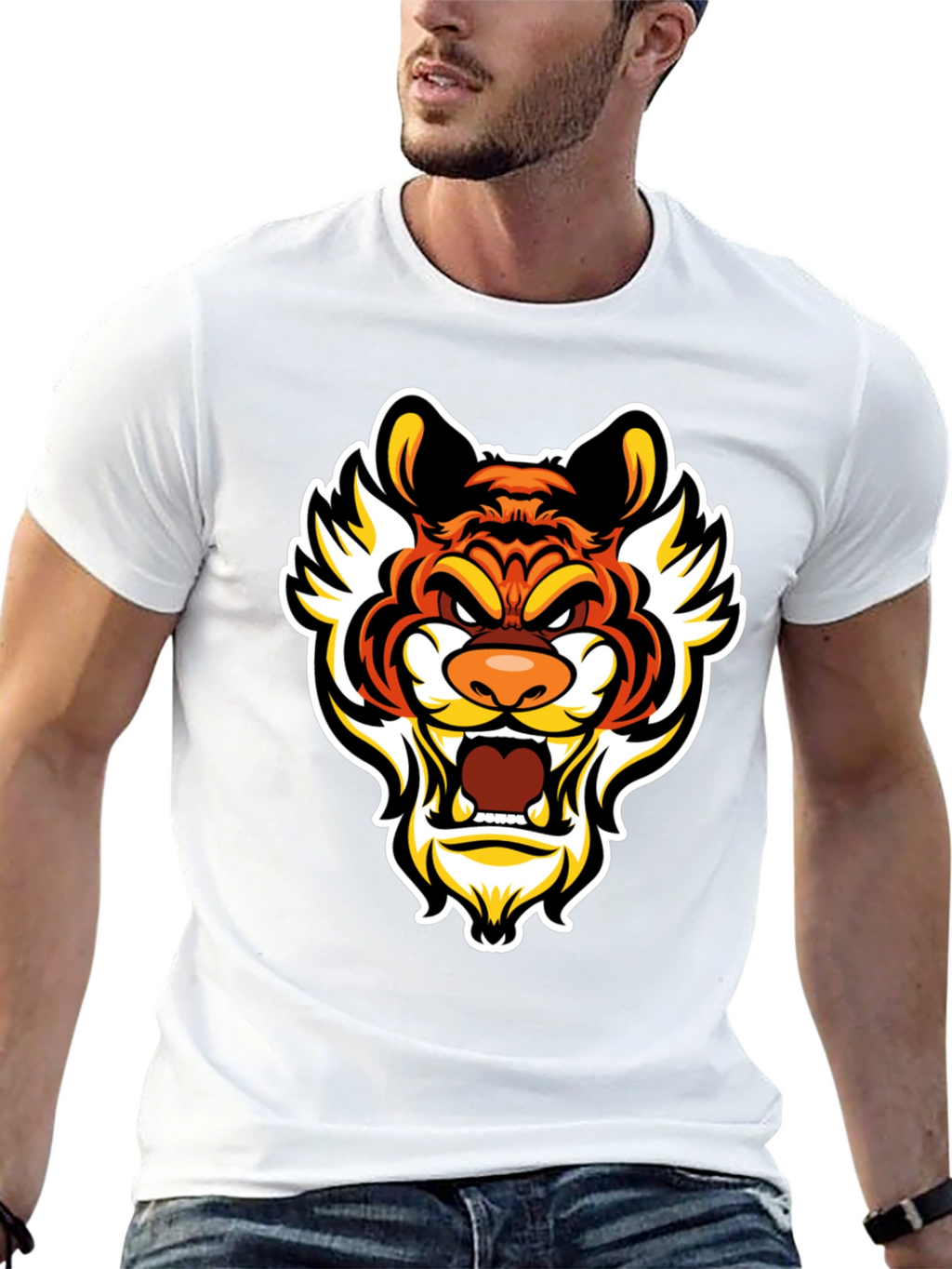 Bold Tiger Graphic Tee - Mens Black Cotton T-Shirt