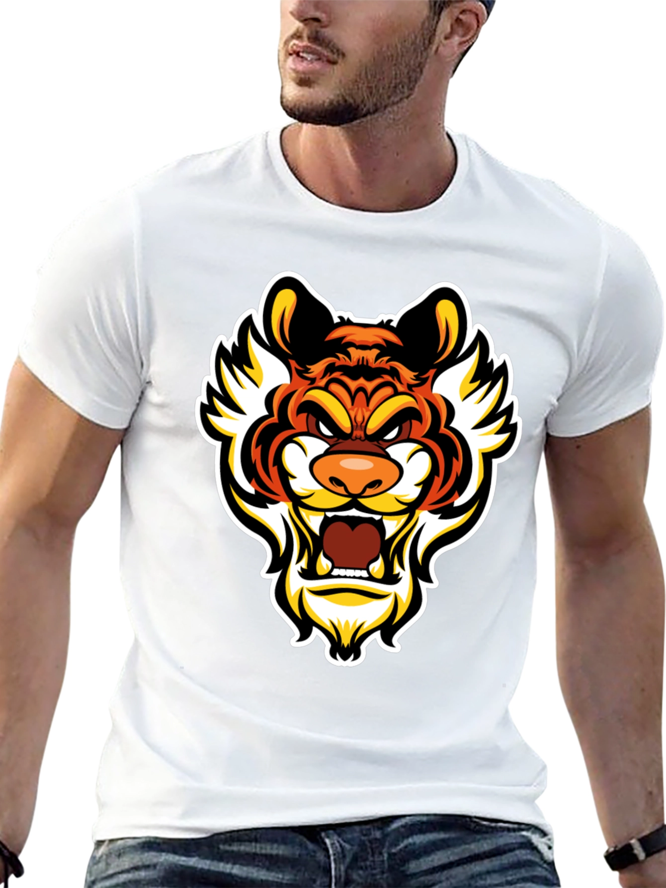 Bold Tiger Graphic Tee - Mens Black Cotton T-Shirt