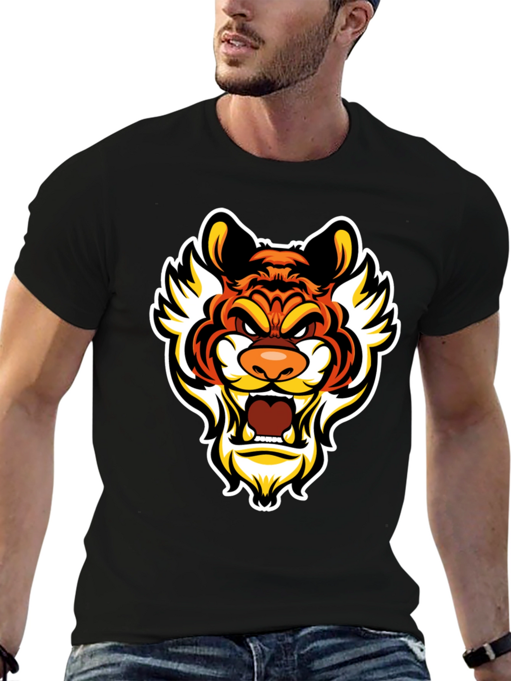 Bold Tiger Graphic Tee - Mens Black Cotton T-Shirt