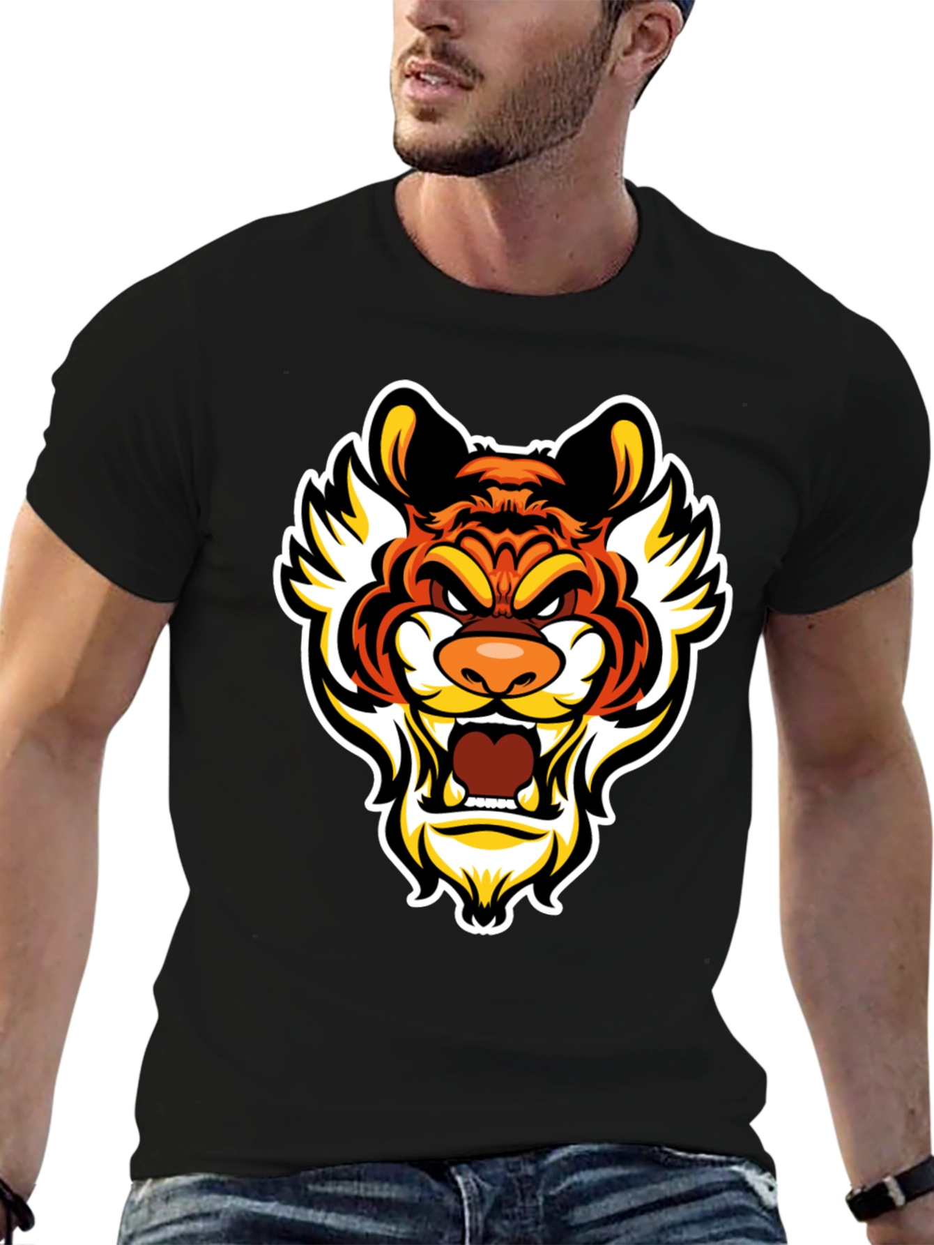 Bold Tiger Graphic Tee - Mens Black Cotton T-Shirt