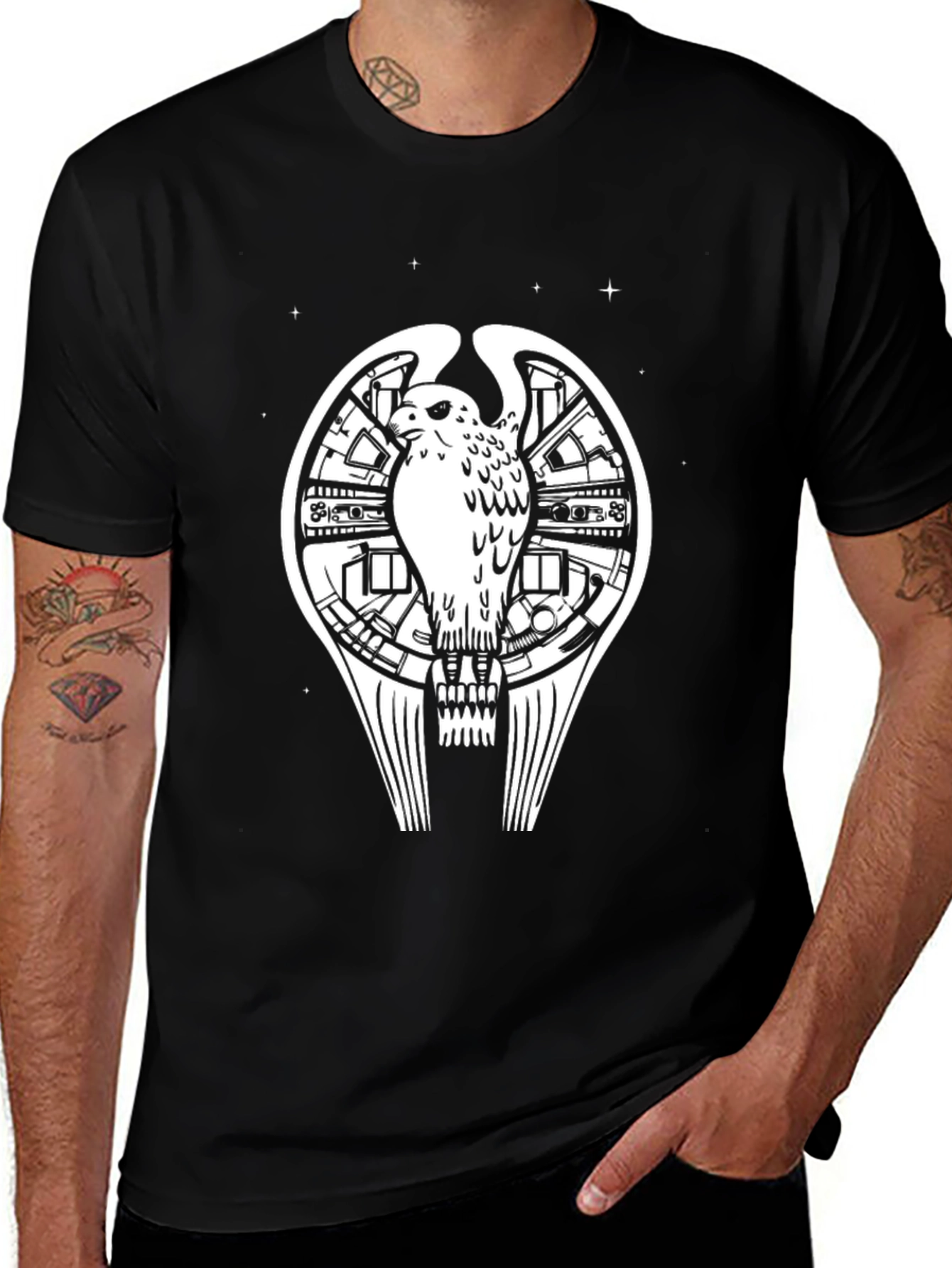 Sci-Fi Bird Graphic Tee - Black Cotton T-Shirt