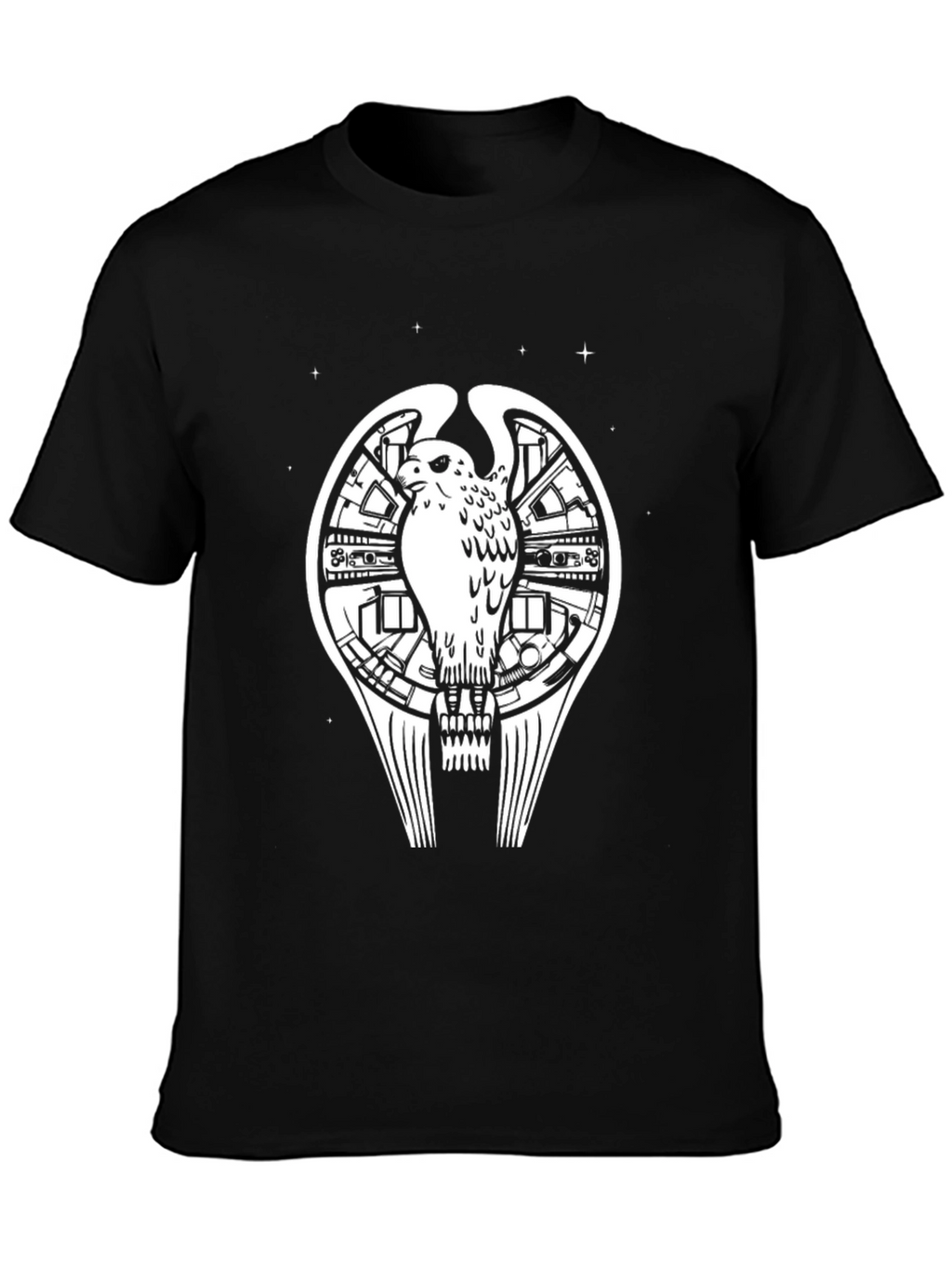 Sci-Fi Bird Graphic Tee - Black Cotton T-Shirt