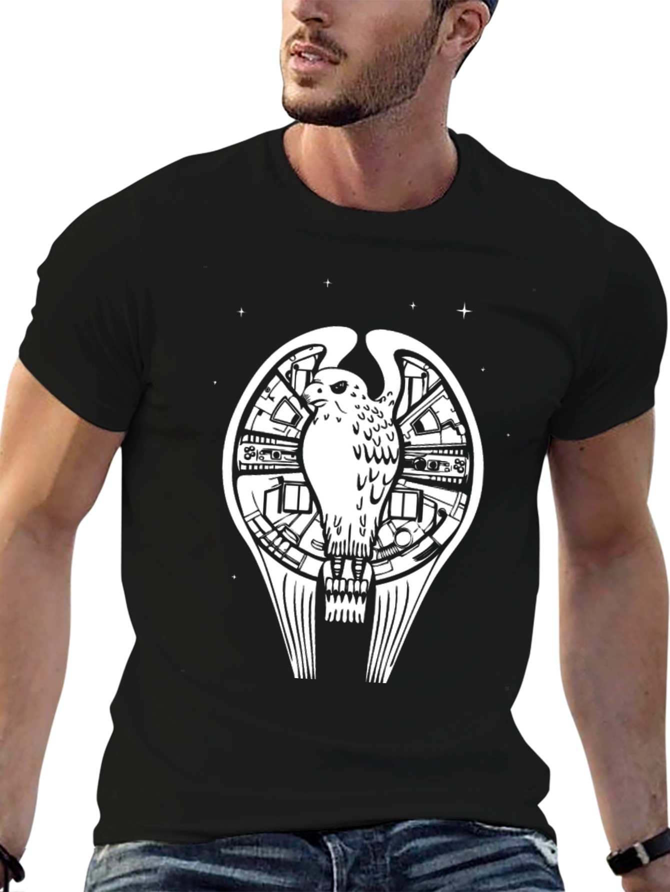 Sci-Fi Bird Graphic Tee - Black Cotton T-Shirt