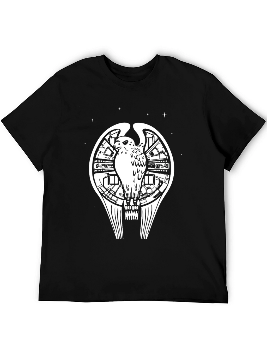 Sci-Fi Bird Graphic Tee - Black Cotton T-Shirt