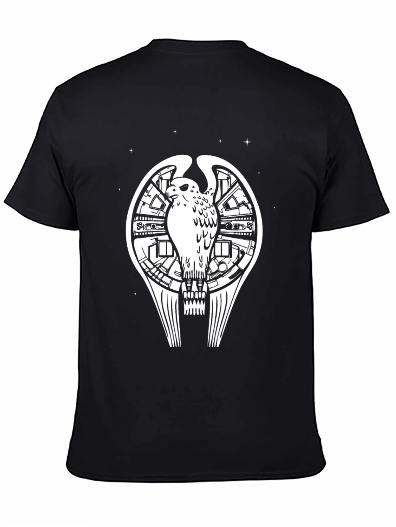 Sci-Fi Bird Graphic Tee - Black Cotton T-Shirt