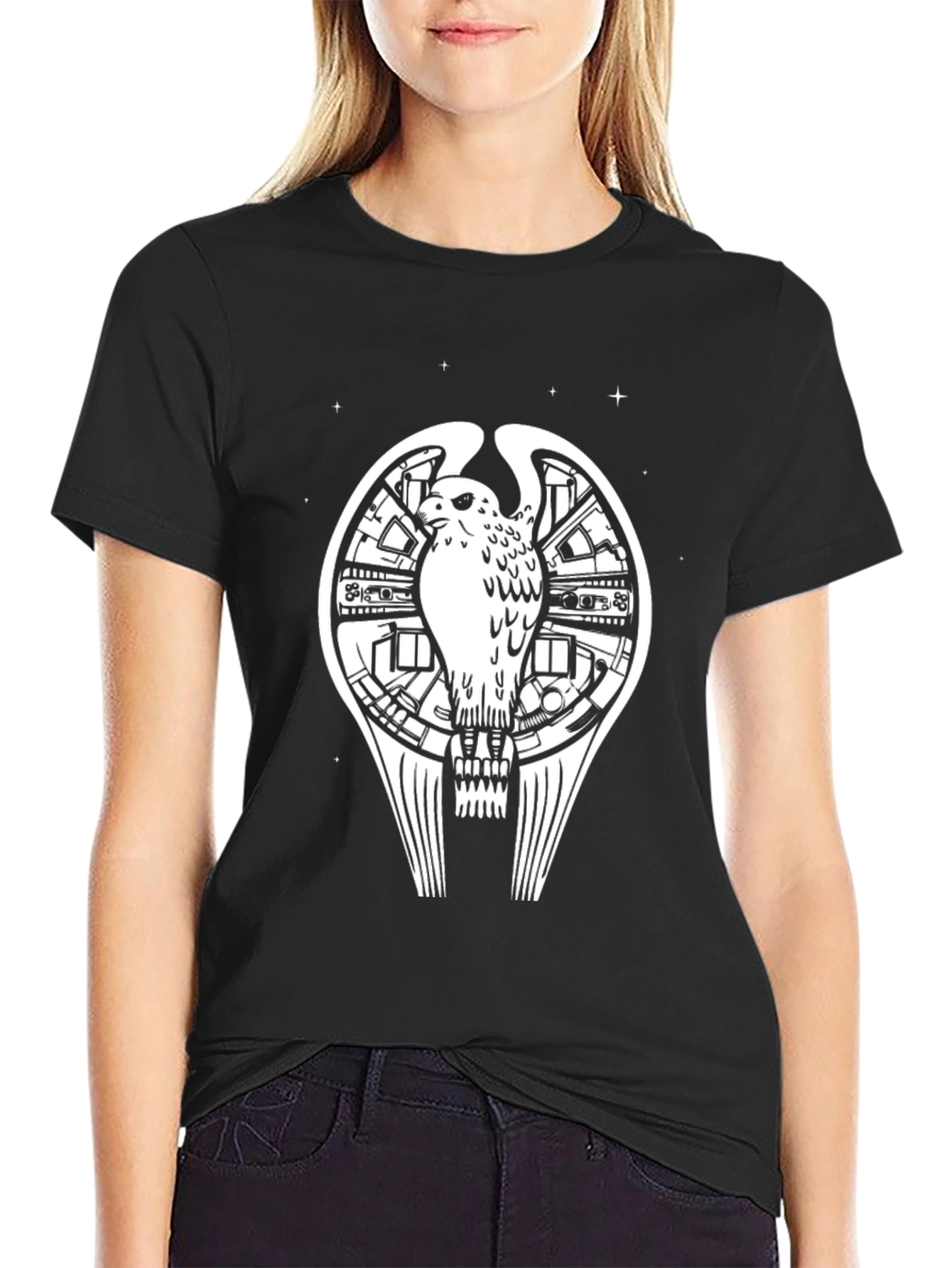 Sci-Fi Bird Graphic Tee - Black Cotton T-Shirt