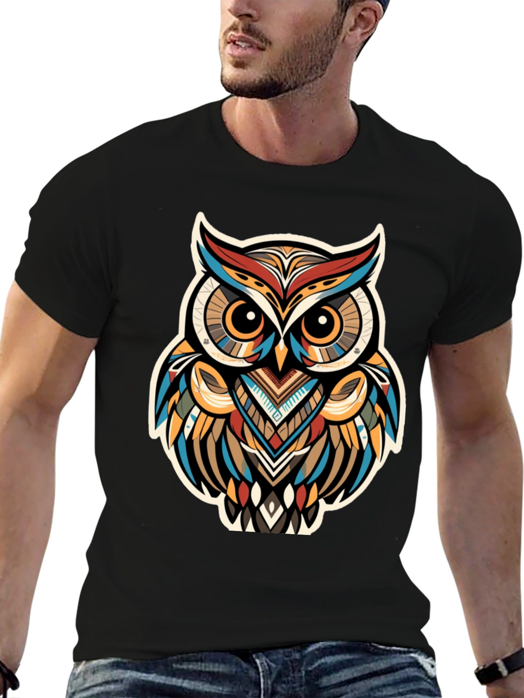 Tribal Owl Graphic Print Black T-Shirt