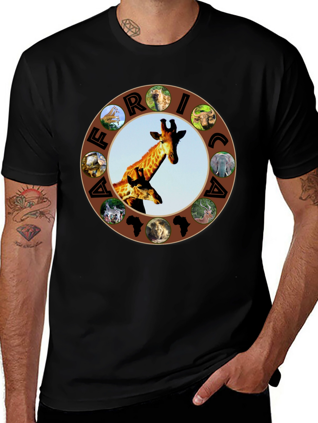 Africa Animals Graphic Tee - Black Crew Neck T-Shirt