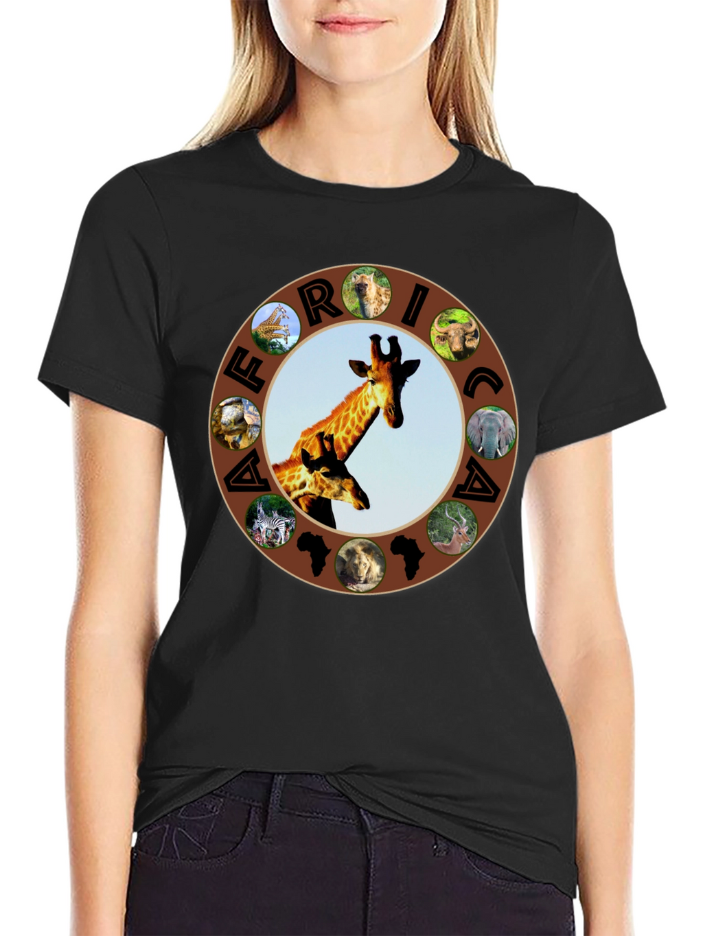Africa Animals Graphic Tee - Black Crew Neck T-Shirt