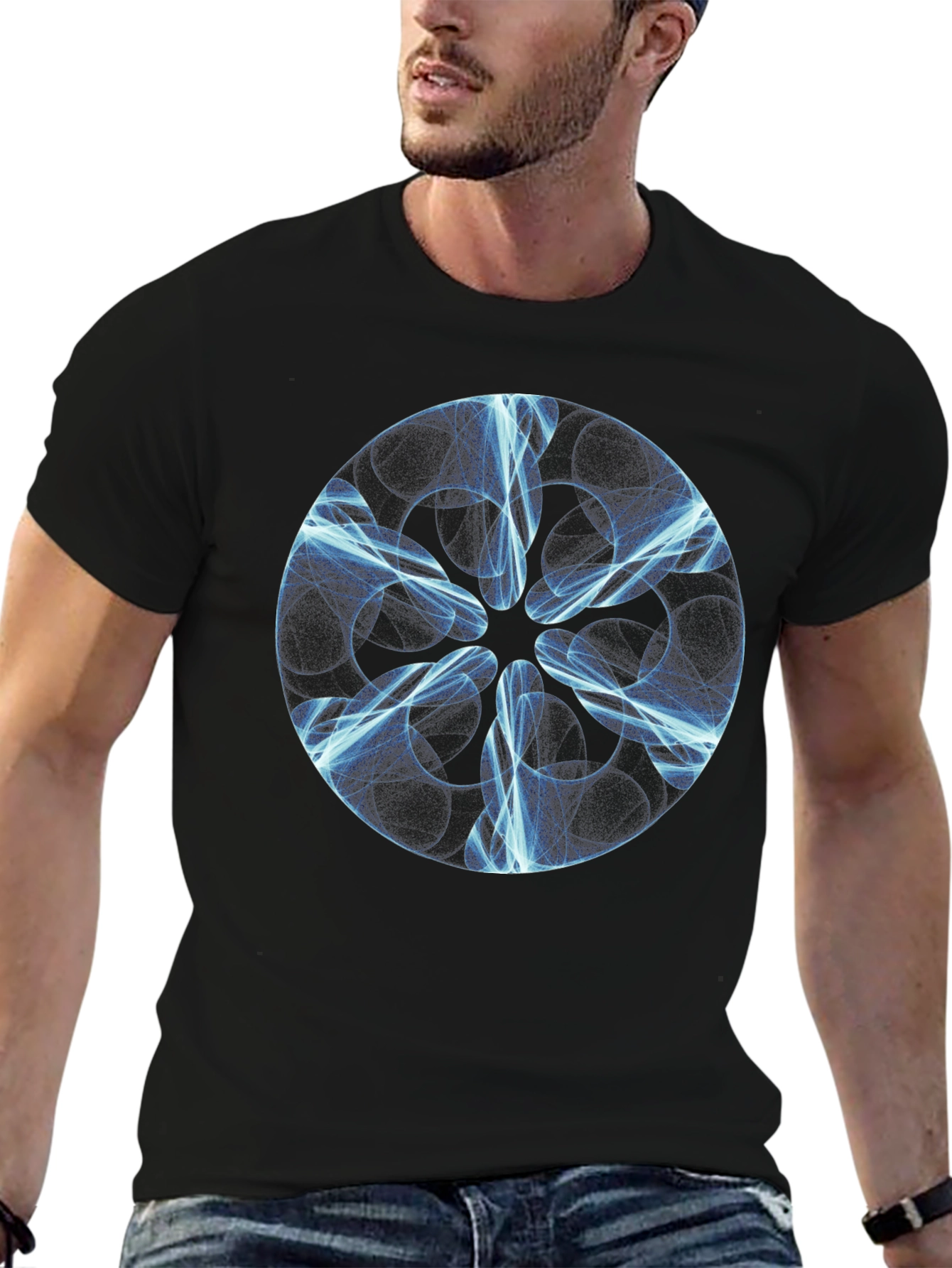 Abstract Blue Light Design Black T-Shirt
