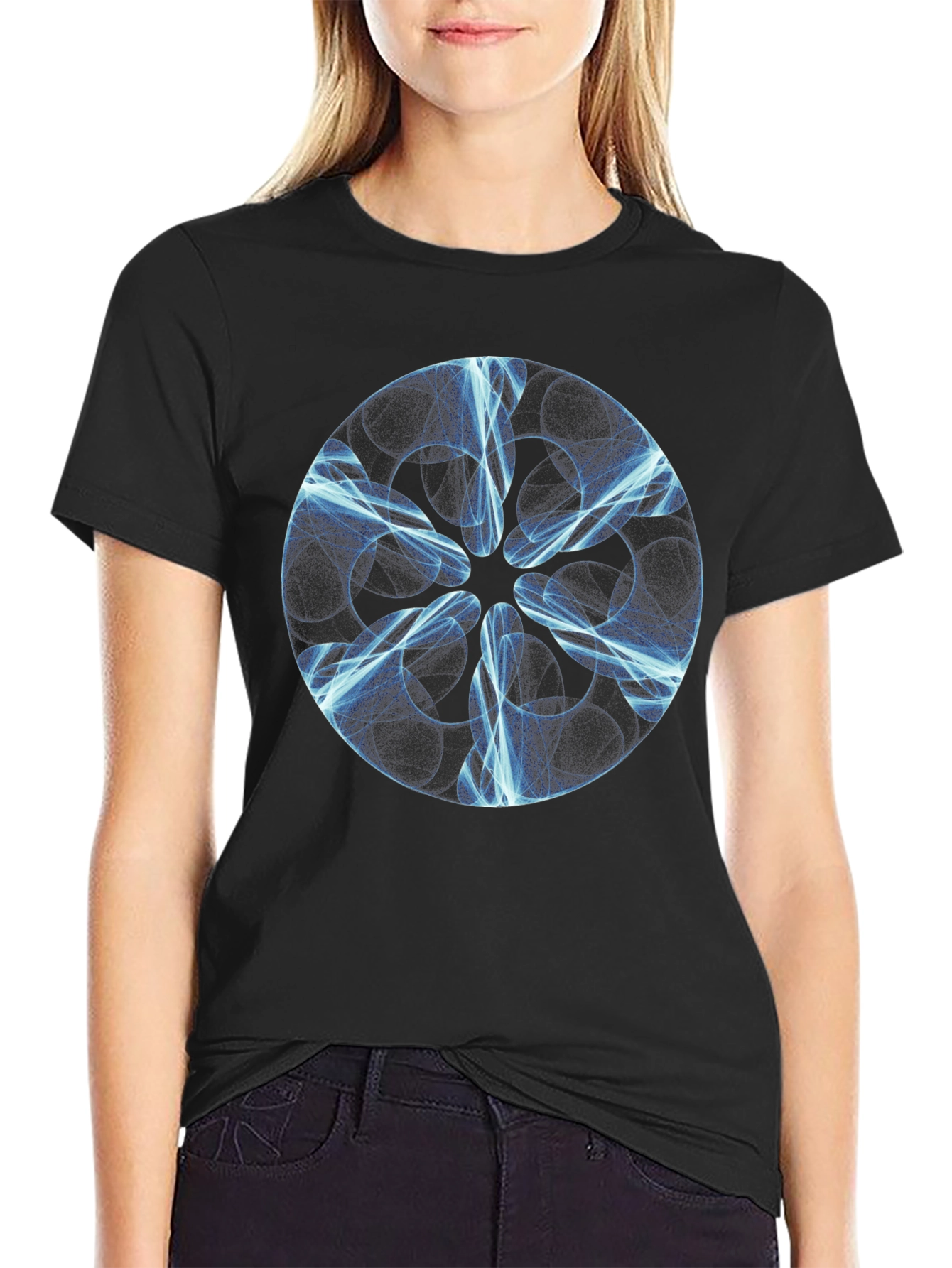 Abstract Blue Light Design Black T-Shirt
