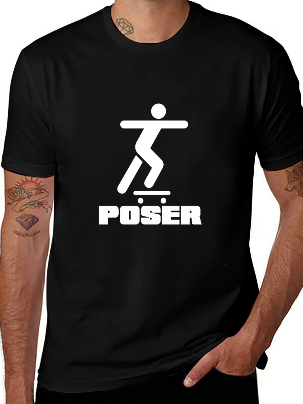 Skateboarder Poser Graphic Tee - Black Crew Neck