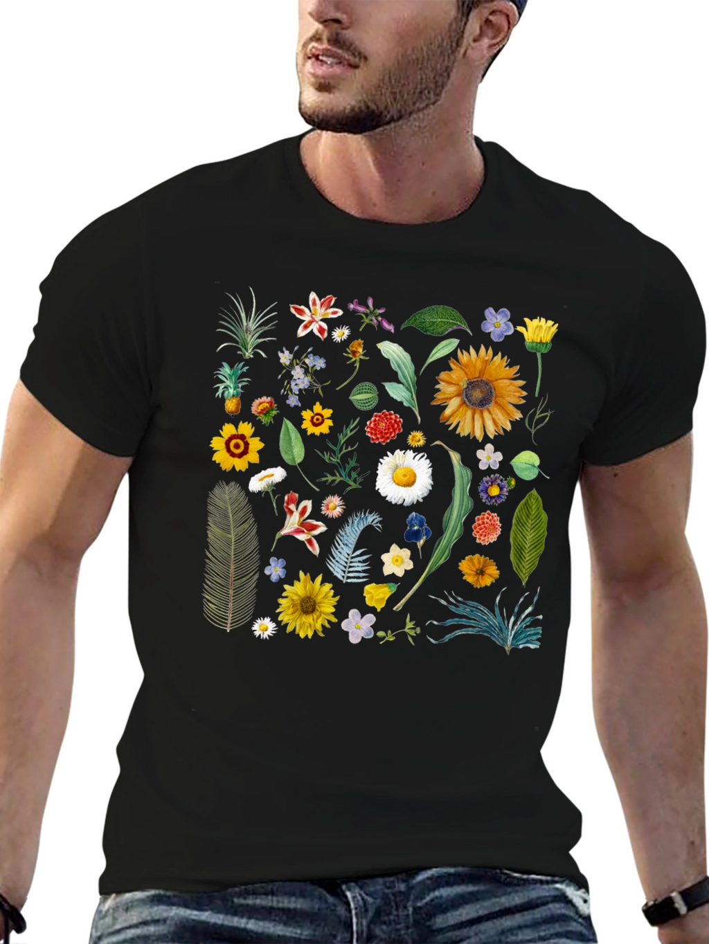 Floral Print Black T-Shirt - Stylish Botanical Design