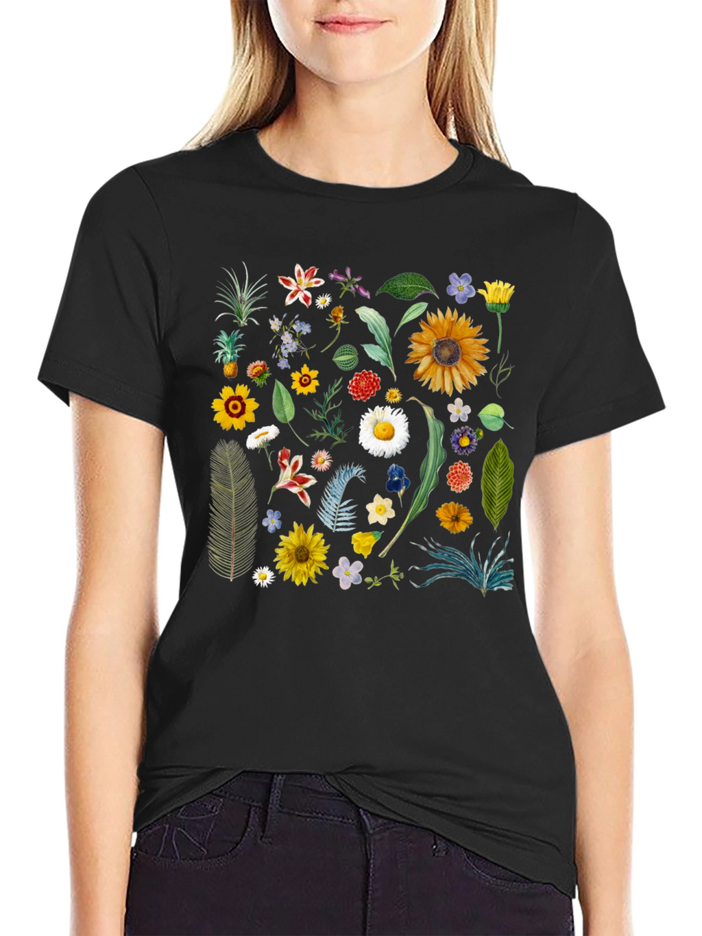 Floral Print Black T-Shirt - Stylish Botanical Design