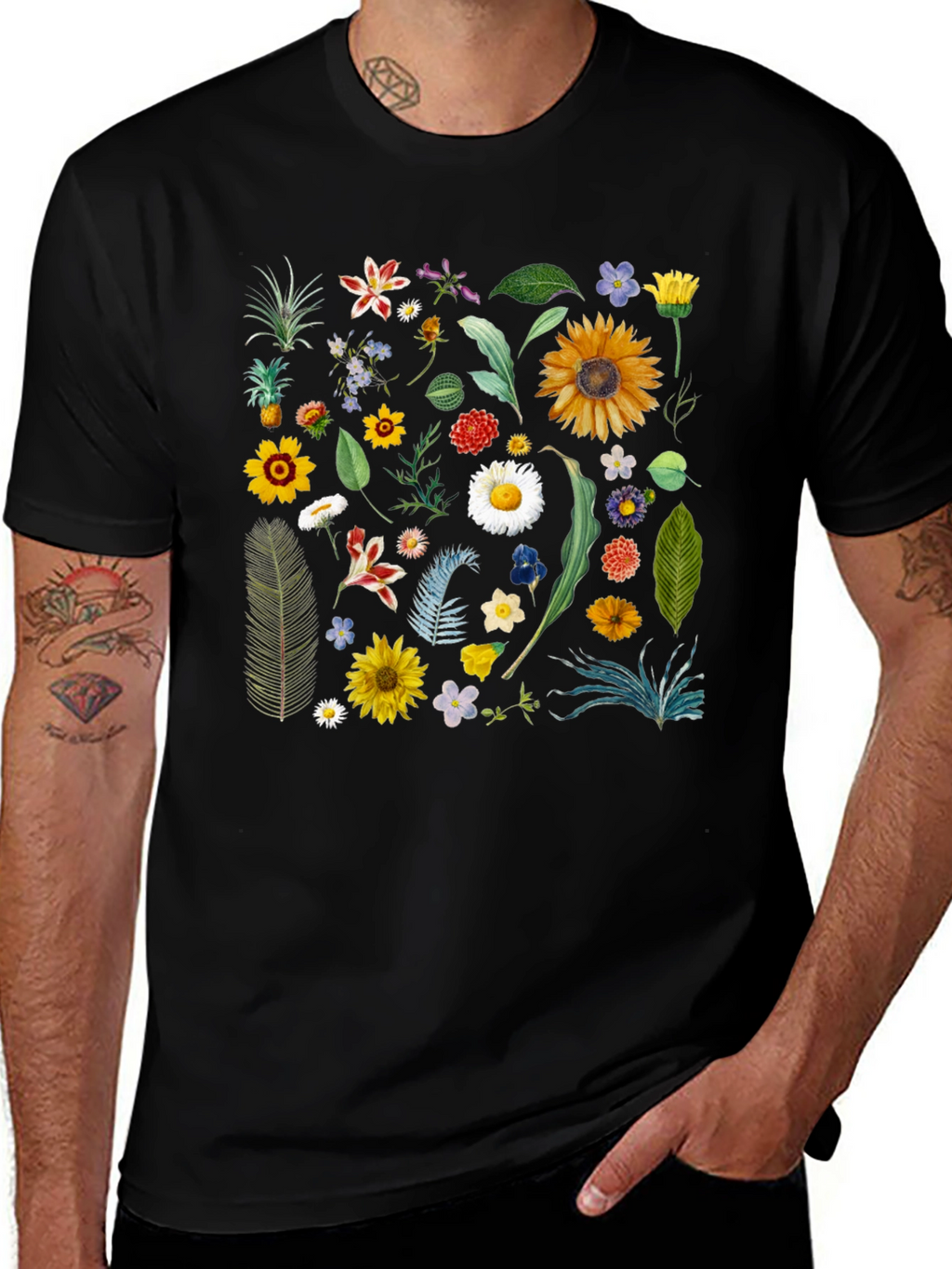 Floral Print Black T-Shirt - Stylish Botanical Design