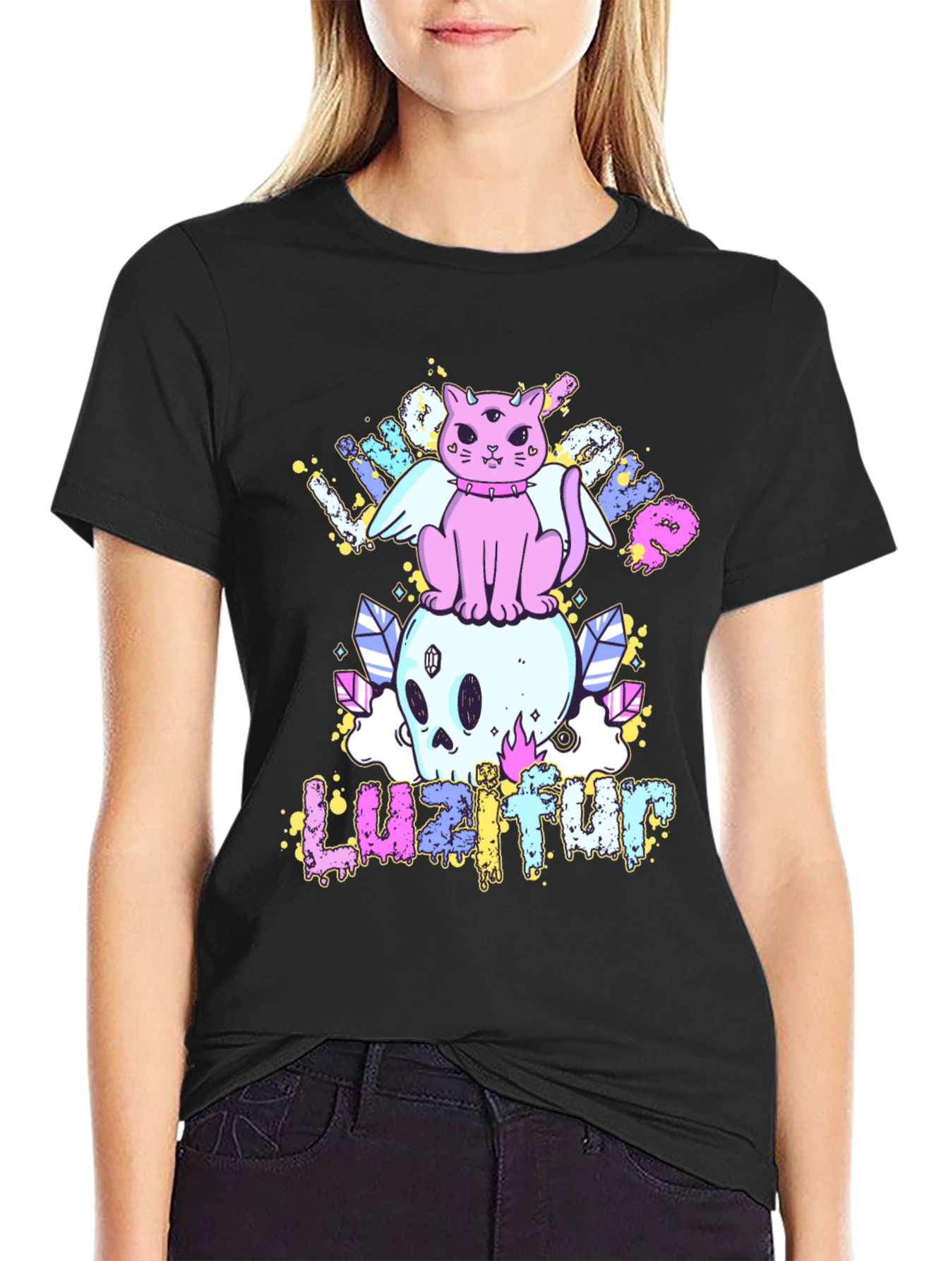 Cute Cat Skull Graphic Tee - Black Cotton Shirt