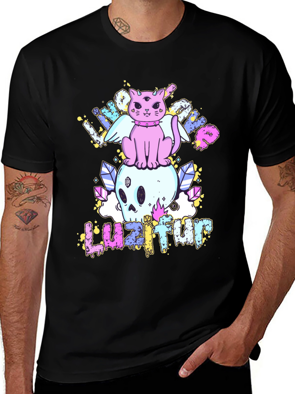 Cute Cat Skull Graphic Tee - Black Cotton Shirt