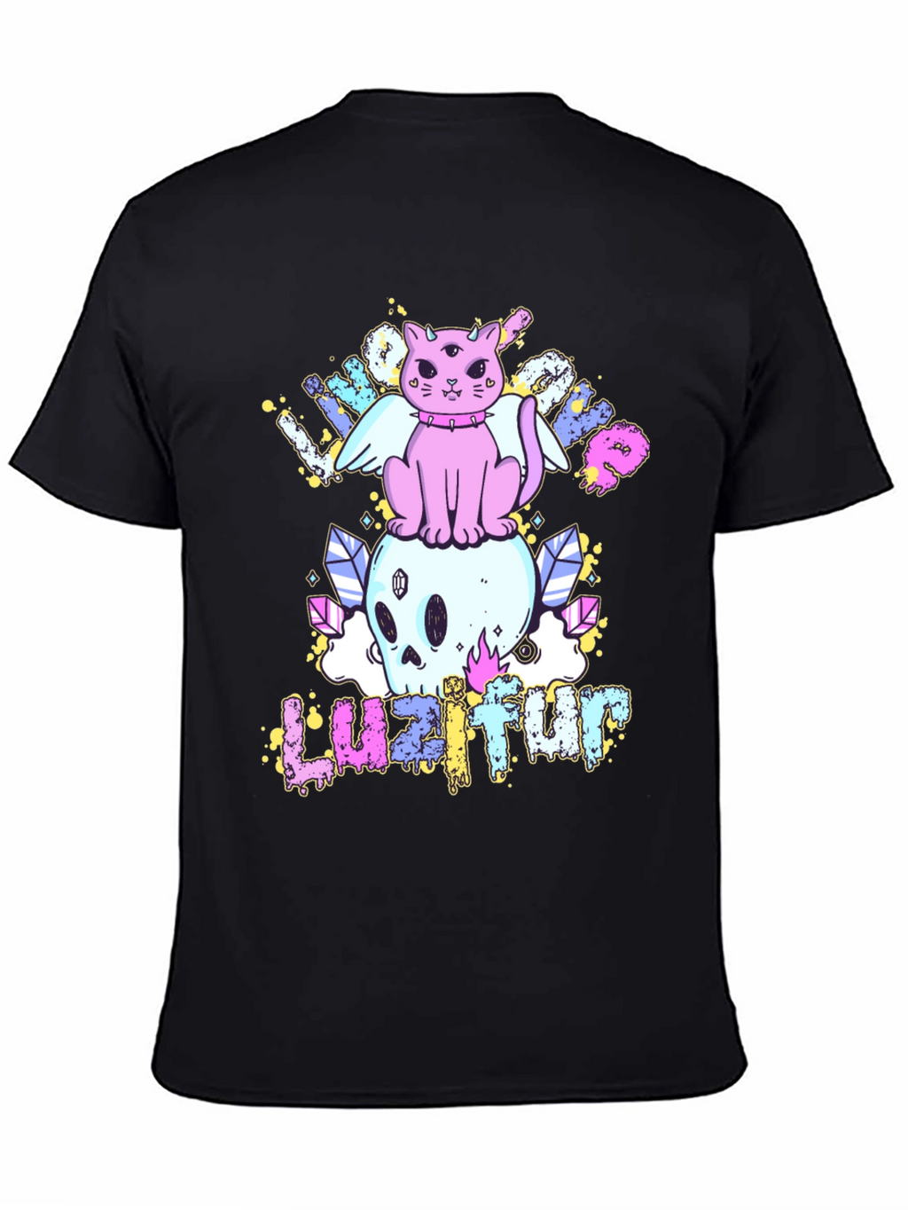 Cute Cat Skull Graphic Tee - Black Cotton Shirt